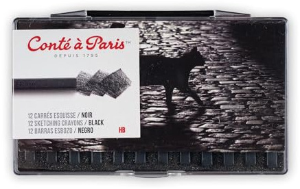 Conté á Paris 50238 Carré Pierre Noire 2B 12er Box – Hochpigmentierte Zeichenkreide für Skizzieren & Zeichnen – Intensives Schwarz für Schattierungen & Details in Künstlerqualität