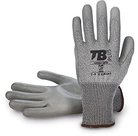 TB Guante de Protección Anticortes 401G2 DYN | Guante de Trabajo Recubierto de Poliuretano Gris en Palma, Soporte HPPE Gris y Fibra de Vidrio. Elástico, Transpirable y Resistente - Talla 9