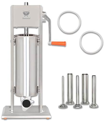Beeketal 'BT07' Edelstahl Industrie Wurstfüllmaschine (7 L Volumen) SGS-geprüft, Profi Wurstfüller mit gehärtetem 2 Gang Vollmetall-Getriebe und 90° Aluguss Handkurbel, inkl. 5 Fülltüllen
