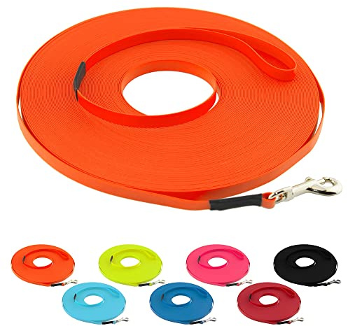 LENNIE Ultraleichte BioThane Schleppleine für Hunde bis 5kg, 15m lang, mit Handschlaufe, Neon-Orange, genäht, 9 mm