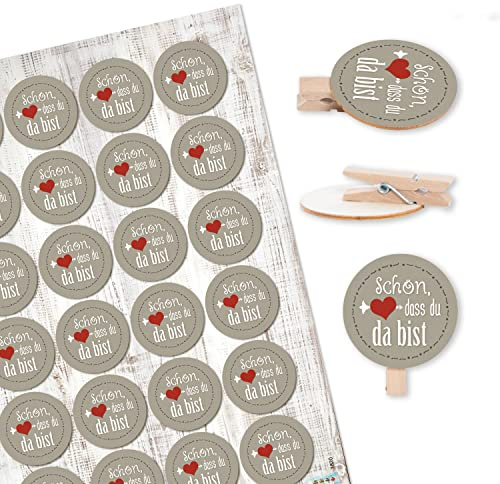 Logbuch-Verlag Schön DASS Du da bist - 24 mollette con adesivi per segnaposto per ospiti, confezione fissa, fermatenda in legno, rotonde, 4 cm