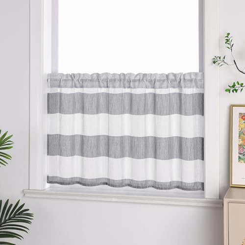 ESLIR Gestreifte Gardine, Scheibengardine Tunnelzug, Grau HxB 45x120cm | Küche Bistrogardine Landhaus, Kurzgardine Halbtransparent Leinen, 1 Stück