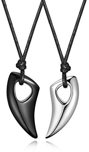 JSDDE 2 Stück Edelstahl Wolfszahne Anhänger mit einstellbar Lederkette Pärchen Kette Cool Speer Gebiss Anhänger Paar Freundschaftskette für Frauen Männer (Schwarz+Silber)