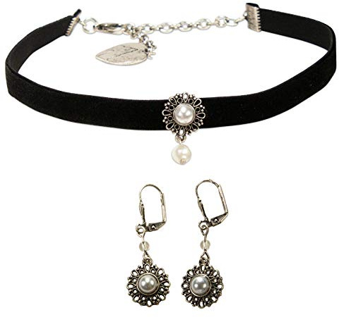Alpenflüstern Trachtenschmuck-Set Trachten-Samt-Kropfband und Ohrhänger Helena - Damen-Trachten-Schmuck, Trachtenset Trachtenkette und Trachten-Ohrringe schwarz SET050