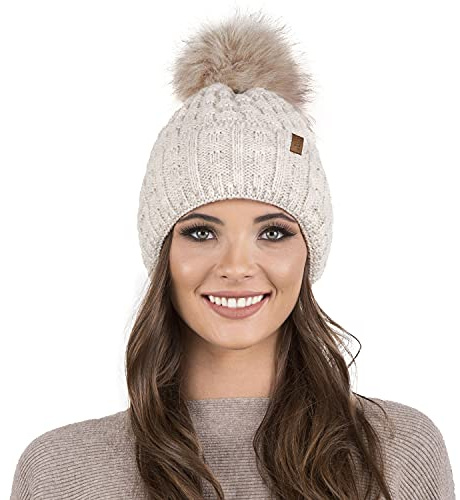 Vivisence Cappello Invernale da Donna con Pompon Realizzato in Filato Morbido E Caldo con Fodera Interna in Pile Antistatico vestibilità Comoda Ideale per l'inverno