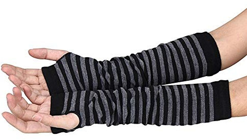 Fingerlose Handschuhe Für Frauen,Lady Stretchy Soft Knitted Handgelenk Armwärmer Langarm Fingerlose Handschuhe Gestreifte Winter Herbst Warme Ellbogenhandschuhe,Schwarz,Einheitsgröße