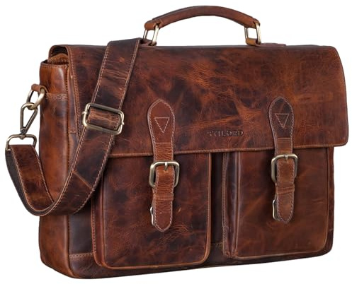 STILORD 'Owen' Leather Briefcase Laptop Bag Vintage Satchel Bag for 15 Inch MacBooks Large Shoulder Bag Business Bag for Teachers Uni Work Attachable to Trolley, Colour:Prestige - Brown