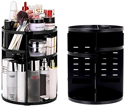 LucyStudio Organizador del Maquillaje 360 Grados Giran Organizador de Cosméticos Negro Ajustable Soporte de Exhibición Estante de Almacenamiento Cosmética para Mujer Tocador Baño Armario