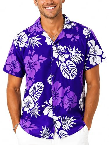 King Kameha Camicia Hawaiana Uomo a Maniche Corte con Motivo Ibisco e Foglie Tropicali