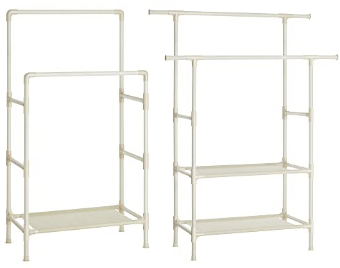 SONGMICS Kleiderständer mit 2 Ablagen, Garderobenständer mit 1 Ablage, jeweils mit 2 Kleiderstangen, aus Metall, einfache Montage, für Schlafzimmer, Flur, weiß RDR100W01
