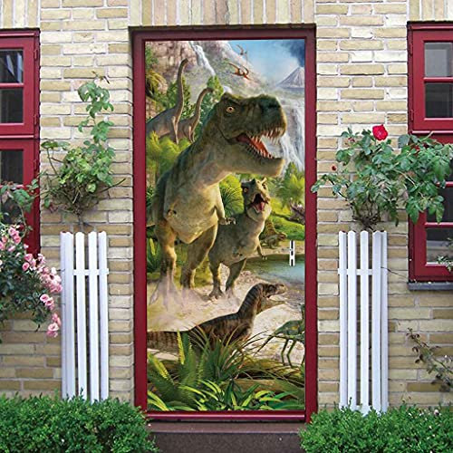 CBWRAW 3D Türaufkleber Tierischer Dinosaurier Abnehmbare PVC Selbstklebende wasserdichte Wandbild Art Decals Poster Tapete Für Wohnzimmer Küche Schlafzimmer Kinderzimmer Dekoration 90x200cm