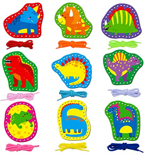 9 Stück Fädelplatten, Doppelseitige Nähkarten mit 9 Dinosauriern und 9 bunten Schnürsenkeln, Vorstellungskraft Entwicklung Schnürsenkel Spielzeug Spiele für Kinder Bildungs-und Lernaktivitäten