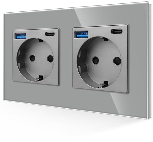 JIMEIDA Doppelsteckdose mit USB 20W Schnelles Laden in Grau, 16Amp Glas Schuko Steckdosen mit USB Anschluss und Typ C Port, Unterputz Schutzkontakt Wandsteckdose-157 * 86mm, 250V, 2 Fach