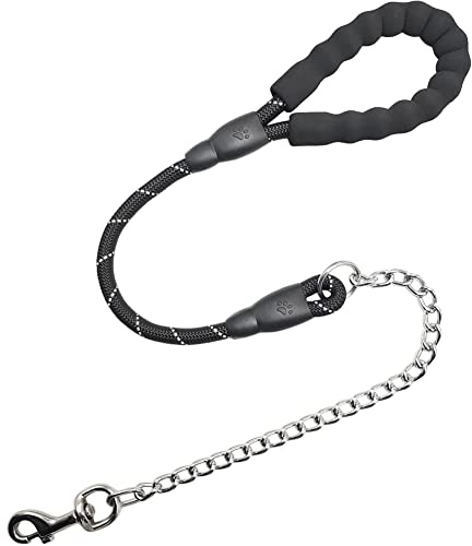 SEPXUFORE 3FT Chewproof Dog Leash, Short Anti-Chewing Chain Heavy Duty with Padded Handle, 1/2 Strong Nylon Rope for Medium Large Dogs (Black)