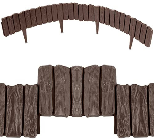 Brown Lawn Edging Border - 2.26 m / 7.4 ft Long Garden Palisade with Wood Bark Effect - Fencing with Ground Stakes - Perfect for Flower Beds, Lawn, Patio, Pavement