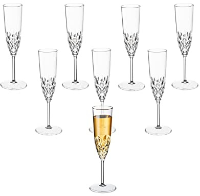 XKXKKE Plastic Champagne Flutes, 8 Pcs Shatterproof Reusable Fancy Crystal Clear Champagne Glasses, 5 oz Acrylic Unbreakable Elegant Party Drinking Cocktail Wine Glasses Wedding Birthday Bar Goblets