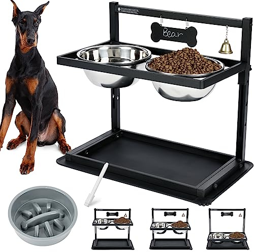 Erhöhte Hundenäpfe mit langsamem Futterspender, erhöhte Hundenäpfe für große Hunde, verstellbare Höhe mit 2 Edelstahl-Hundenäpfen, auslaufsichere Matte, Hundenäpfe für große, mittelgroße Hunde und