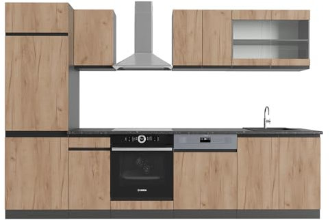 Vicco Küchenzeile R-Line, Küchenblock, Goldkraft Eiche/Anthrazit, 300 cm J-Shape