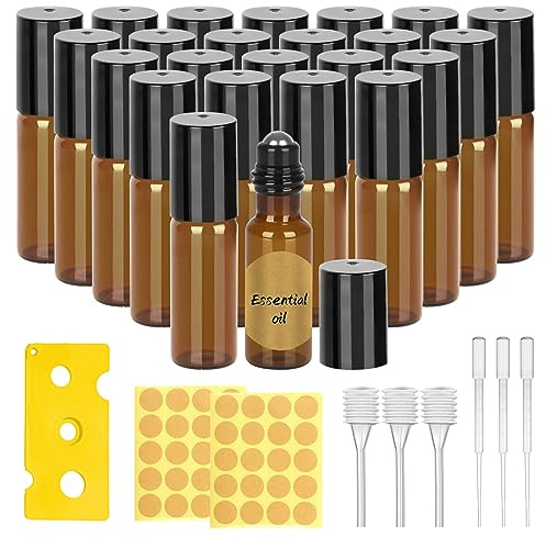 Ailvor 24 Stück Roll on flaschen für Ätherisches Öl,Braune Glas,5ml | Anti-UV Klein Nachfüllbar Leer für Öle, Duftstoff, Kosmetika, Massagen,Aromatherapie Gemische