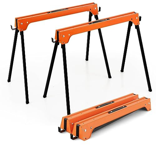 TANGZON Folding Saw Horses Twin Pack, 2PCS Heavy Duty Workbench Metal Trestle Stands with Anti-Slip Top & Handle, Portable Sawhorses Pair, Each Sawhorse Supports Up to 227KG (Orange)