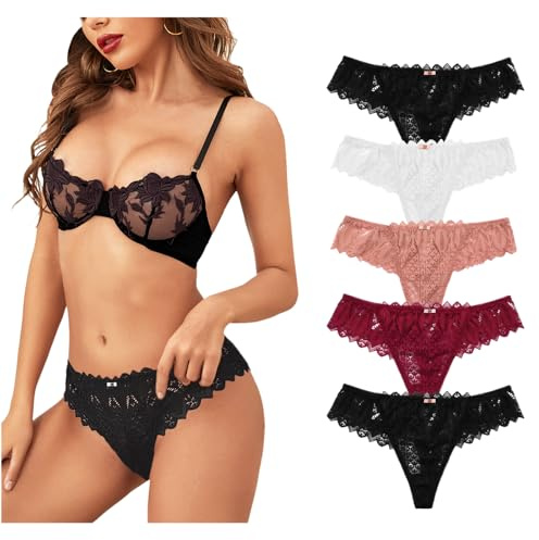 Lishang 5 Pezzi Perizoma Donna Tanga Sexy Mutande di Pizzo Slip Vita Bassa Hot Elasticizzato