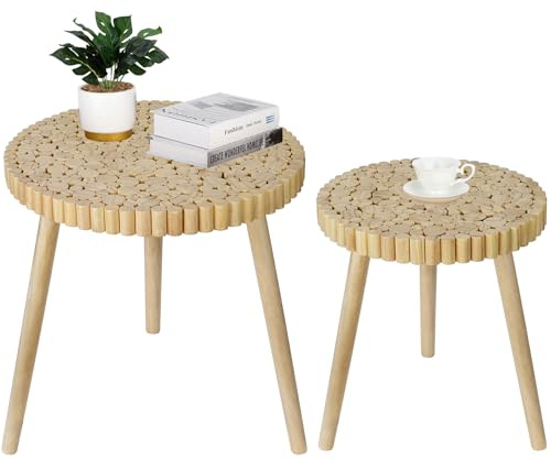 Round Coffee Table Set of 2, Farmhouse Nesting Coffee Table, Small Circle Wood Coffee Table, Mid Century Modern Nightstand, Boho Patio Side Table End Tables for Living Room Bedroom Balcony Outdoor