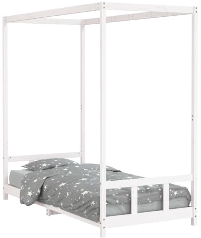 vidaXL Kinderbett, Kinder Bettgestell mit robusten Latten, Himmelbett für Kleinkinder ab 4 Jahren, Einzelbett Kinder Holzbett, Weiß 90x200 cm Massivholz Kiefer
