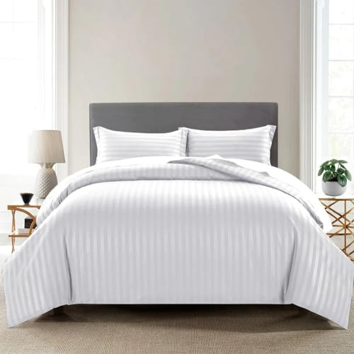 Min hembutik påslakanset king size – 3 st borstad mikrofiber satin randigt påslakan sängkläder set med örngott – allergivänligt och mjukt andningsbart vitt påslakan