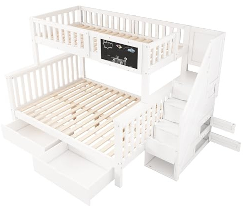 Moimhear Litera para niños, cama doble, cama infantil multifuncional, con pizarra y cajones, sin colchón, blanco, 90 x 200, 140 x 200