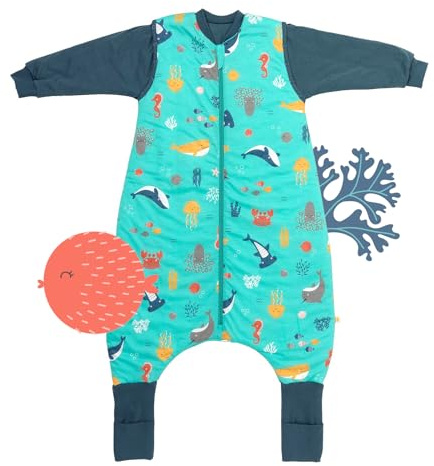 Slumbersac Sacco nanna con piedini bambini 2.5 Tog 90 cm Animali marini I Sacco nanna con gambe per dimensione del corpo 90-100 cm | Sacco nanna maniche rimovibili