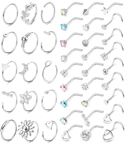 JeweBella 18G/20G kirurgisk stålnäspiercing för kvinnor, herr, allergivänlig, näspiercing, näsringar, stud, L/skruvform, silver, näspiercingsset, Kubisk Zirkonia