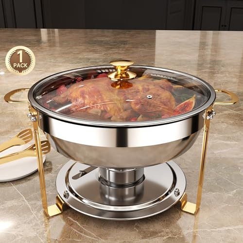 Amhier 3 Qt 5 Qt Chafing Dish Buffet Set mit Sichtbarem Glasdeckel und Halter, Edelstahl Runde Chafing Dishes für Buffet mit Essen und Wasser Pfannen für Catering, Partys und Hochzeiten, Gold, 1