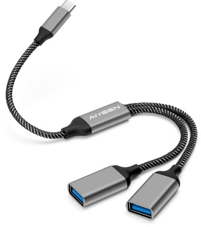 AIYEEN USB C Male to 2 USB Female Splitter Cable Adapter, Dual USB-A Port Hub for Data Transfer/Charging, Extra Extender Data Split Power Cord Extension for Car/Laptop/Mac/PC (Grey)