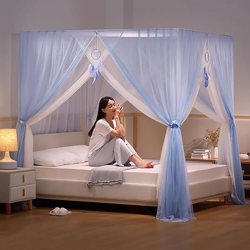 Himmelbett-Vorhänge, Himmelbett-Rahmen, Pfostenstangen, äußeres Bettstütz-Baldachin, 4 Eckpfosten-Betthimmel-Moskitonetz, Moskitonetz-Halterung für Schlafzimmer-Dekoration, Blau, Queen