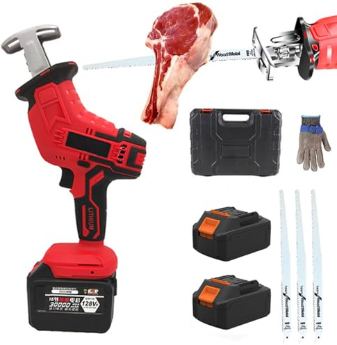 Elektrische Metzgersäge für Fleisch und Knochen – Edelstahl-Säbelsäge für den Heimgebrauch, 2 x 48V 3000mAh Akkus + 3 Sägeblätter, für Steak,Hähnchenschenkel,Schweinekoteletts,Fischgräten