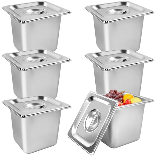 Confezione da 6 padelle in acciaio inox con coperchi, profondità 15,2 cm, anti-inceppamento, pentole da tavolo per ristorante, buffet e forniture per feste