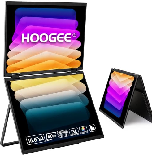 HOOGEE Monitor portatile da 15,6 pollici, doppio monitor portatile pieghevole a 360°, 1080P HDR con supporto e VESA per computer portatile PC Phone Game Console