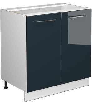 Vicco Küchenunterschrank Fame-Line, Dunkelblau Hochglanz/Weiß 80 cm | MDF-Front · Ohne Arbeitsplatte · Höhenverstellbare Füße · Metallgriffe · Soft-Close
