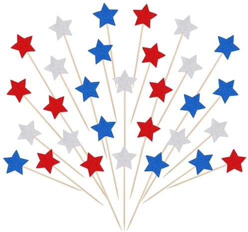 30 Stück glitzernde Stern-Cupcake-Topper, patriotische rot-weiße und blaue Dekorationen, Verlobung-Cupcake-Topper, Stern-Geburtstagsdekorationen, amerikanische National-Party-Kuchendekorationen,