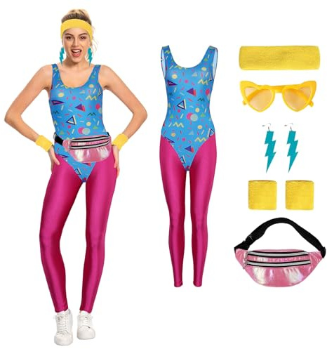 Cyborey Costume de fitness des années 80 pour femme - Ensemble de survêtement rétro - Jumpsuit de yoga avec accessoires - Costume de fête, jaune, M
