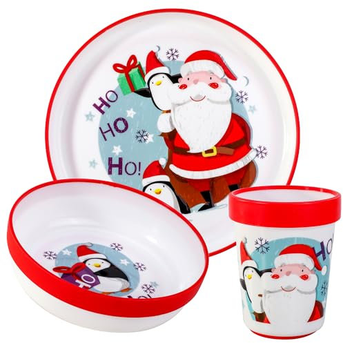 Christmas Xmas 3pcs Reusable Bicolor Premium Kids Dinner Tableware Set Plate, Bowl & Tumbler, BPA Free