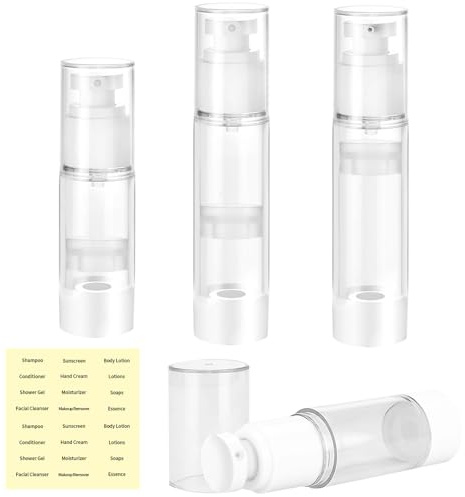 2 flaconi spray Airless da viaggio, 2 flaconi per lozioni airless in plastica, 30/50 ml, ricaricabili con pompa sottovuoto fine, con etichette, bottiglia trasparente per articoli da toeletta per