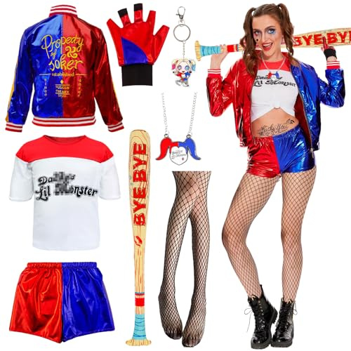 Quinn Damen Bösewicht Kostüm für Erwachsene - Suicide Squad Jacke, T-Shirt, Shorts, Handschuh, Netzstrümpfe, Halskette für Halloween, Karneval, Joker Cosplay