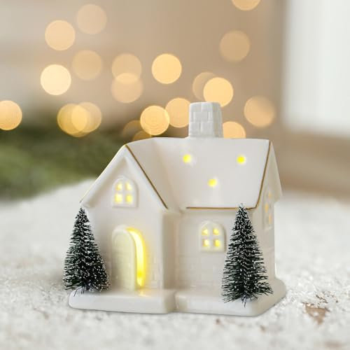 Weihnachtsdorf Beleuchtet Weiß, Weihnachtsdeko Weiß Weihnachtshäuser mit LED Licht, Keramik Weihnachtsdorf mit Beleuchtung, LED Weihnachtshaus Beleuchtet Lichthaus Weiss für Weihnachtsdeko Innen (A)