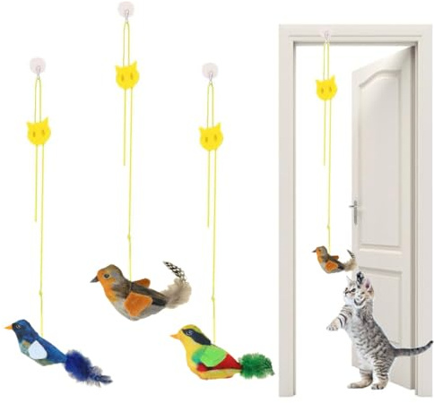 Katzenspielzeug zum Aufhängen an der Tür, 3 Stück, interaktives Katzenspielzeug, Fliegender Vogel, Spielzeug für Katzen, Spielzeug für den Innenbereich mit verstellbarem Gurt