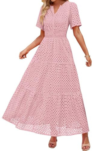 Damen Sommer Kurzarm Maxi Kleid Lässiges V-Ausschnitt Kleid mit Lochstickerei Rüschen Schwingendem A-Linien-Schnitt und Eleganter Knöchellänge (Hot Pink, L)