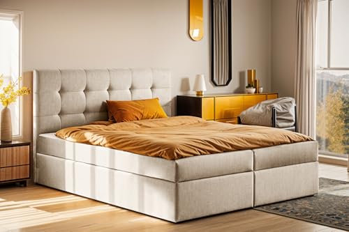 Kaiser Möbel - Bett 180x200 cm, Boxspringbett mit Matratze und Bettkasten, Polsterbett für Schlafzimmer, Jugendzimmer, Doppelbett mit Stauraum und Gepolstertes Kopfteil - LUDANO - Hellbeige