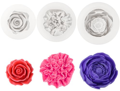TEUYOE 3 Piezas Moldes para Velas, Flores Moldes de Silicona para Velas Para Velas, Jabón, Fondant, Chocolate, Pastel, DIY(Rosa, Peonía, Clavel) | Molde de silicona 3D, flexible y duradero, reutilizable para hacer velas de jabón (peonías, claveles, rosas)