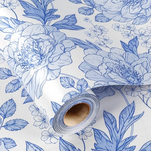 Wikadlik Geschenkpapierrolle mit Blume, 43 cm x 10 m, blau-weiß, perlmuttfarben, dickes Packpapier für Hochzeit, Jahrestag, Party, Geburtstag
