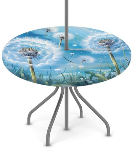 Woltant Nappe ronde avec trou de parasol et fermeture éclair facile à nettoyer avec bords élastiques pour jardin, terrasse, barbecue (pissenlit)